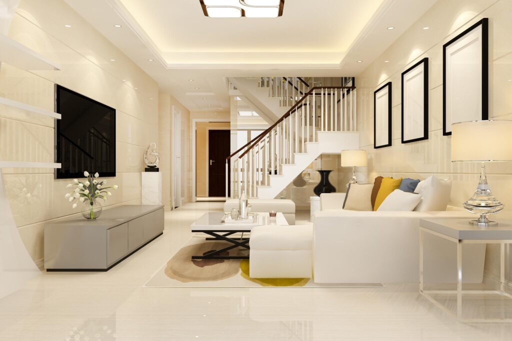 3D interior Design of a modern living room with minimalistic furniture"